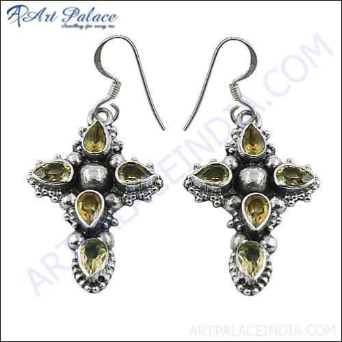 Party Wear Designer Citrine Gemstone Silver Ethnic Work Earrings, 925 Sterling Silver Jewelry Ethnic Earrings Citrine Stone Earrings Latest Earrings