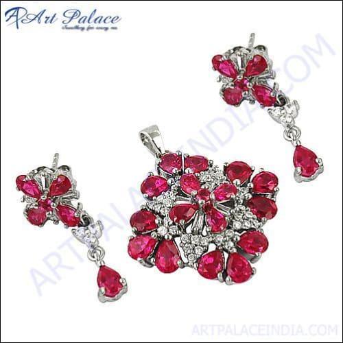 Party Wear Red Cubic Zirconia Gemstone Silver Pendant Set