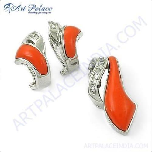 Pure Style Synthetic Coral & Cubic Zirconia Silver Gemstone Pendant Set
