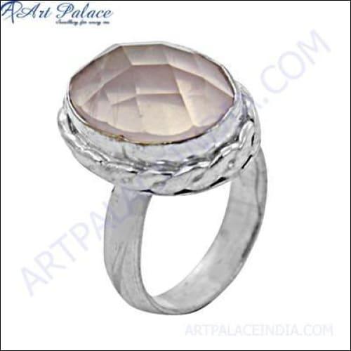 Romantic Pink Rose Quartz Gemstone German Silver Ring Jewelry