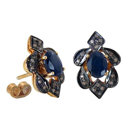 Small Traditional Diamond,Dyed Sapphire Stone Gold Plated Silver Earrings Latest Victorian Earrrings High Class Victorian Earrings