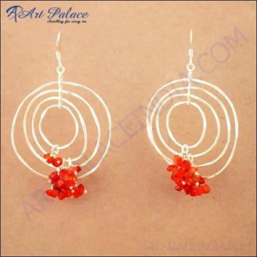 Spiral Fashionable Carnelian Gemstone Silver Earrings Red Beaded Earrings Stylish Beaded Earrings