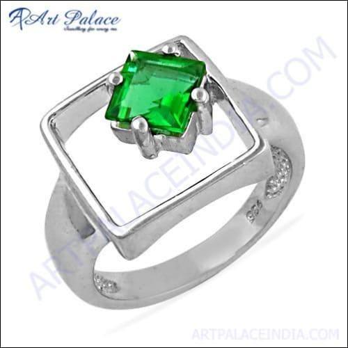 Square Shape Green Cubic Zirconia 925 Sterling Silver Ring