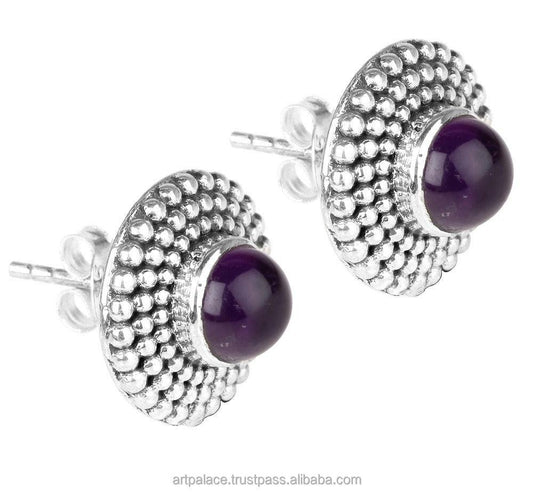 Stylish Amethyst Gemstone 925 Silver Stud Earring Ethnic Earrings Pretty Earrings