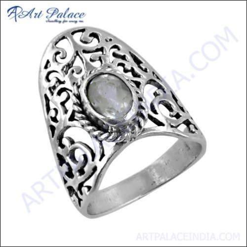 Traditional Cubic Zirconia Gemstone Silver Fret Work Ring, 925 Sterling Silver Jewelry