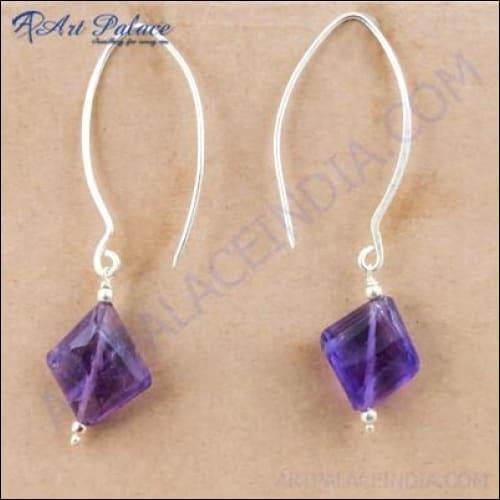 Trendy Amethyst Gemstone Silver Beaded Earrings Amethyst Beaded Earrings Stylish Gemstone Earrings