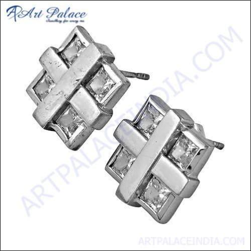 Trendy Cubic Zirconia Gemstone Silver Stud Earrings