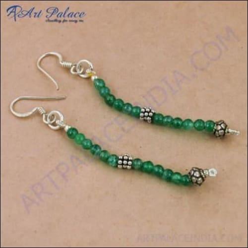 Trendy Green Aventurian Gemstone Silver Beaded Earrings