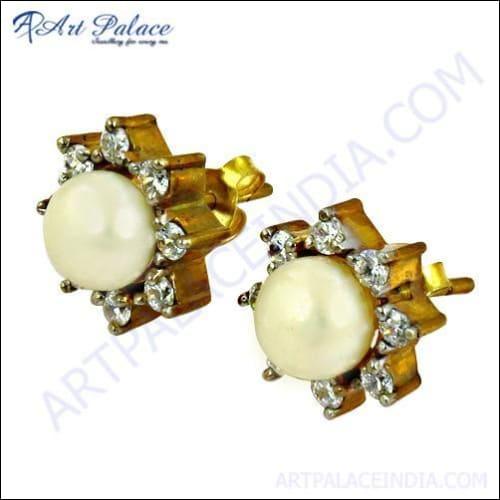 Trendy Pearl & Cz Silver Stud Earring