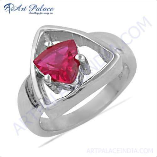 Triangle Style Pink Cubic Zirconia Gemstone Silver Ring