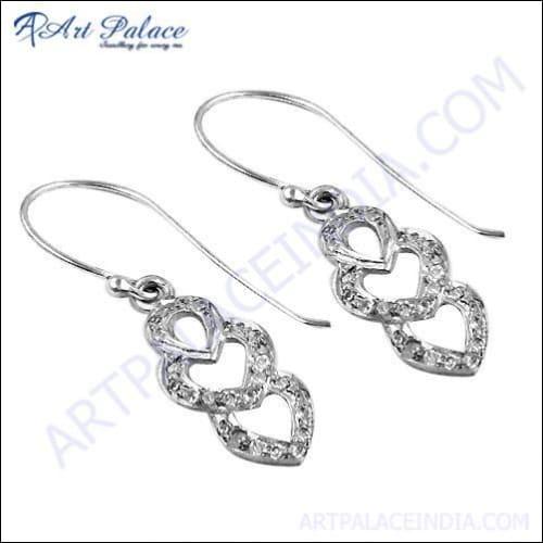 Tripal Heart Style Silver Earrings With Cubic Zirconia