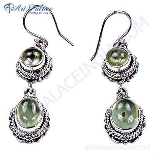 Truly Designer Silver Earrings With Prenite Round Earring Ethnic Gemstone Earrings High Class Gemstone Earrings