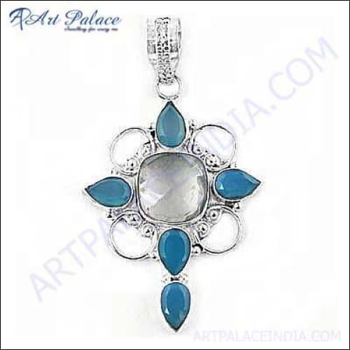 Ultimate Ethnic Design In Fret Work With Multi Gemstone Pendant, German Silver Jewelry