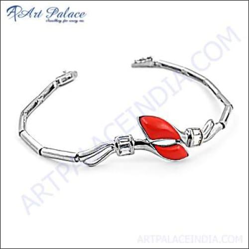 Unique Cubic Zirconia & Synthetic Coral Gemstone Silver Bracelet Stylish Cz Bracelet Adjustable Cz Bracelet Adorable Cz Bracelet