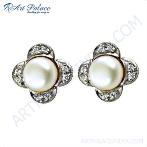 Unique Pearl & Cubic Zirconia Silver Earrings