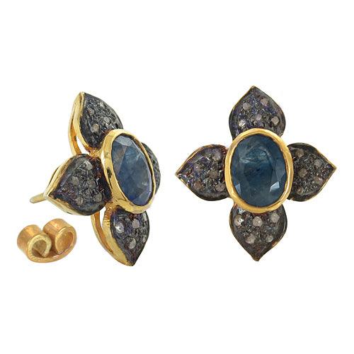 Victorian Diamond & Sapphire Gold Plated Silver Earrings Floral Design Earring Tops Natural Sapphire Gemstone Earring Victorian Earrings