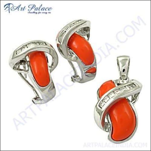 Top Quality Synthetic Coral & Cubic Zirconia Gemstone Silver Pendant Set
