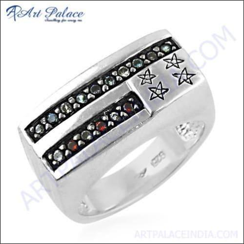 Trendy Blue, White & Red Cubic Zirconia Gemstone Silver Ring