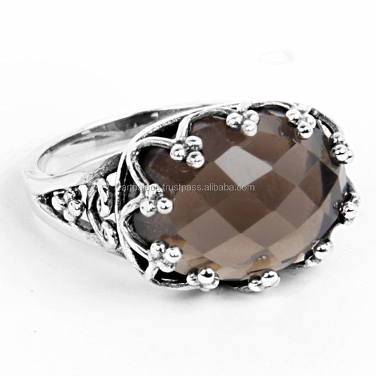 925 Silver Ring Smokey Quartz Gemstone Ring Wholesale Silver Ring Gemstone Rings