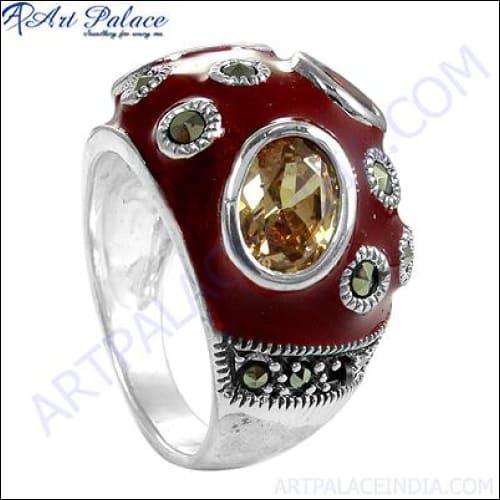 925 Sterling Citrin And Pyrite Gemstone Silver Ring Marcasite Rings Fashion Rings