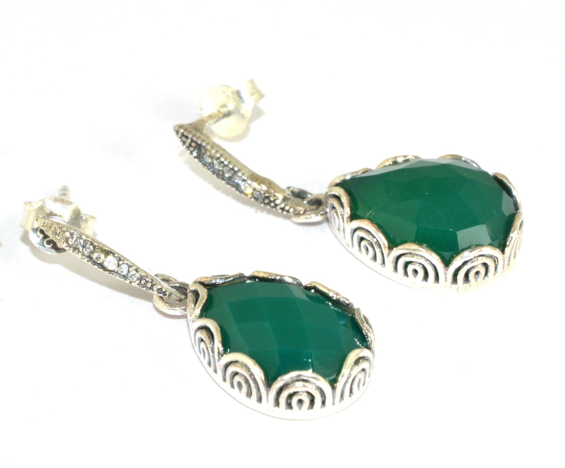 925 Sterling Silver Earring Checker Cut Green Onyx And Cz Earring Traditional Designer Pear Shape Stud Earrings Green Onyx Earring Cut Stone Earrings