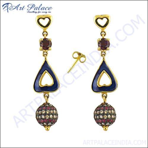 925 Sterling Silver Designer Earring, White & Red & Yellow Cz & Garnet Silver Earring Feminine Gemstone Earrings Glamours Gemstone Earrings
