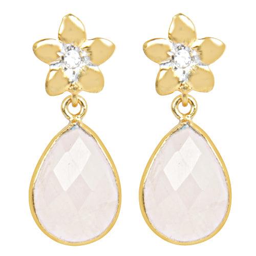 Rare Gemstone Earring Flower Design Earring Checker Cut Pear Rose Quartz And Cz Gemstone Earring Golden Polished Earring Rosequartz Earrings Handmade Design Earring