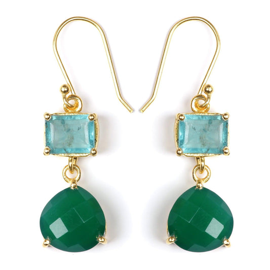 925 Sterling Silver Golden Polished Blue Topaz And Green Onyx Gemstone Earring Trendy Cutstone Earring Fancy Gemstone Earring