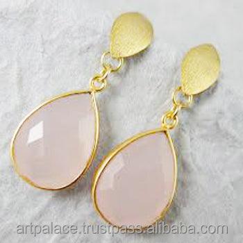 925 Sterling Silver Golden Polished Earring Checker Cut Pear Shape Earring Rose Quartz Gemstone Earring Fashion Earring