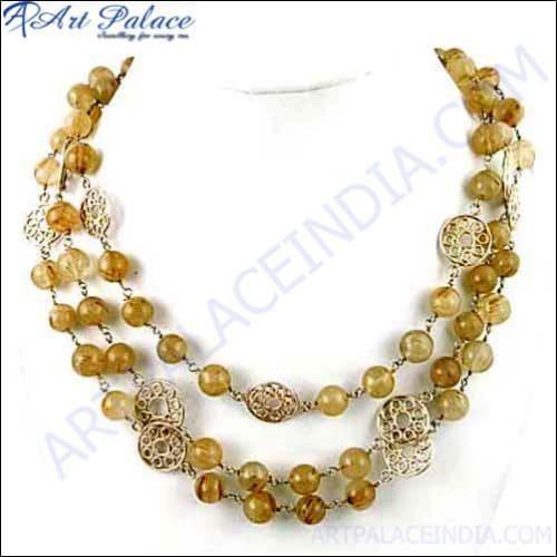 925 Sterling Silver Necklace Golden Rutile Quartz Gemstone Nacklace Fabulous Necklace Beaded Necklace