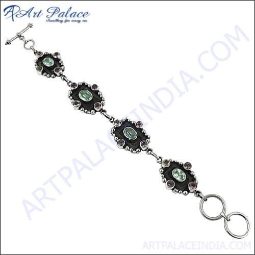 Fashion Loose Gemstone Bracelet Amethyst And Blue Topaz Gemstone Silver Bracelet Hand Bracelet