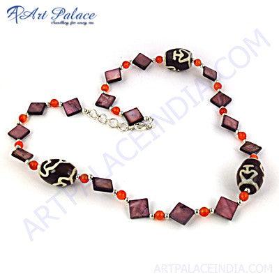 Beaded Jewellery, Carnelian & Mother Of Pearl Gemstone Silver Necklace Glamorous Beaded Necklace