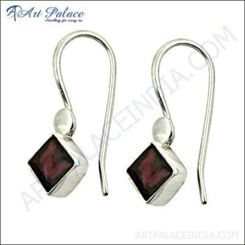 Plain Silver Gemstone Earring Square Shape Earrings Garnet Earring Fancy Earring