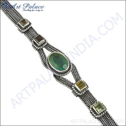 Multi Stone Silver Bracelet Natural Gemstone Chain Bracelet Ethnic Gemstone Bracelet 
