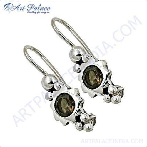 925 Silver Earring Smokey Quartz Earring Ethnic Gemstone Earrings Round Cutstone Earring-925artpalace
