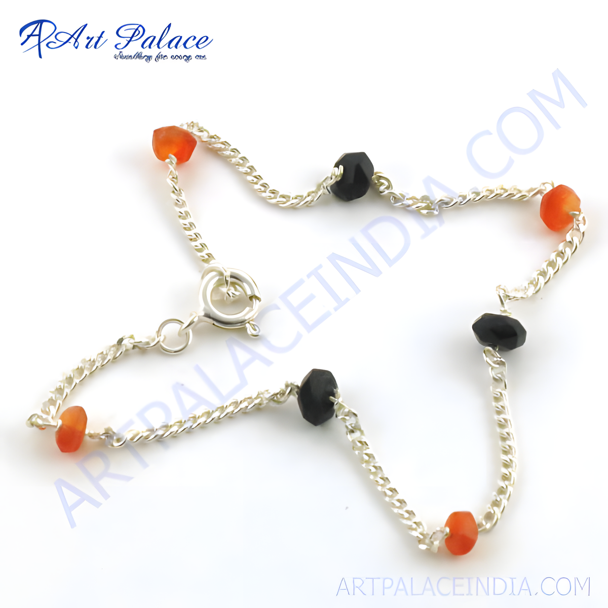 Sterling silver anklet with orange and black gemstone beads on a white background