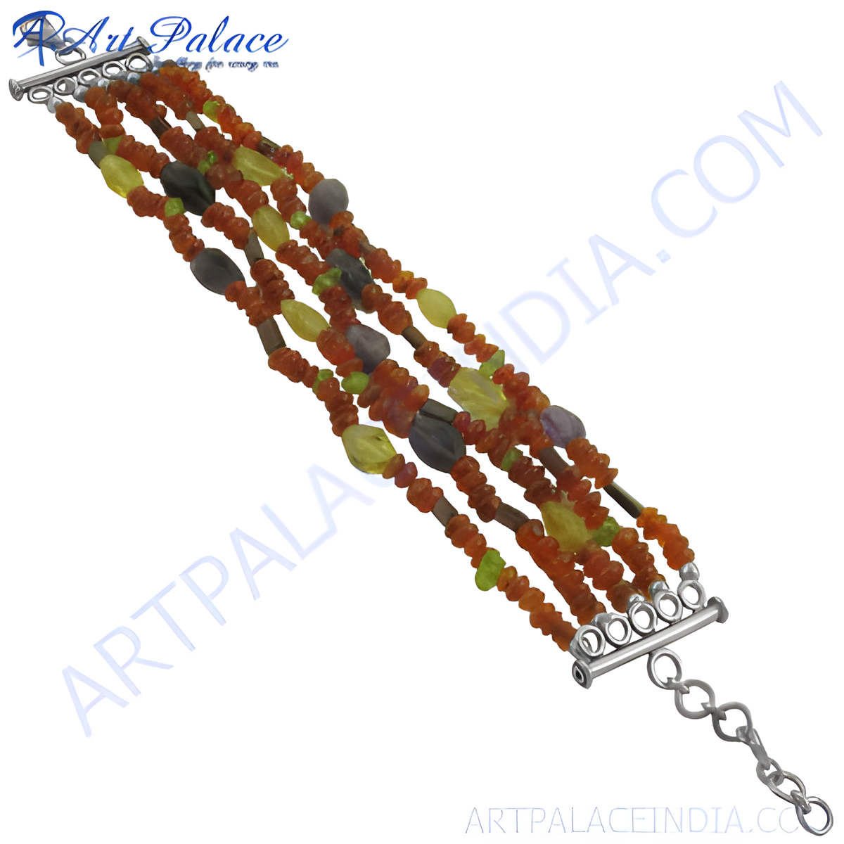 Multi strand gemstone beaded bracelet in various colors with silver accents