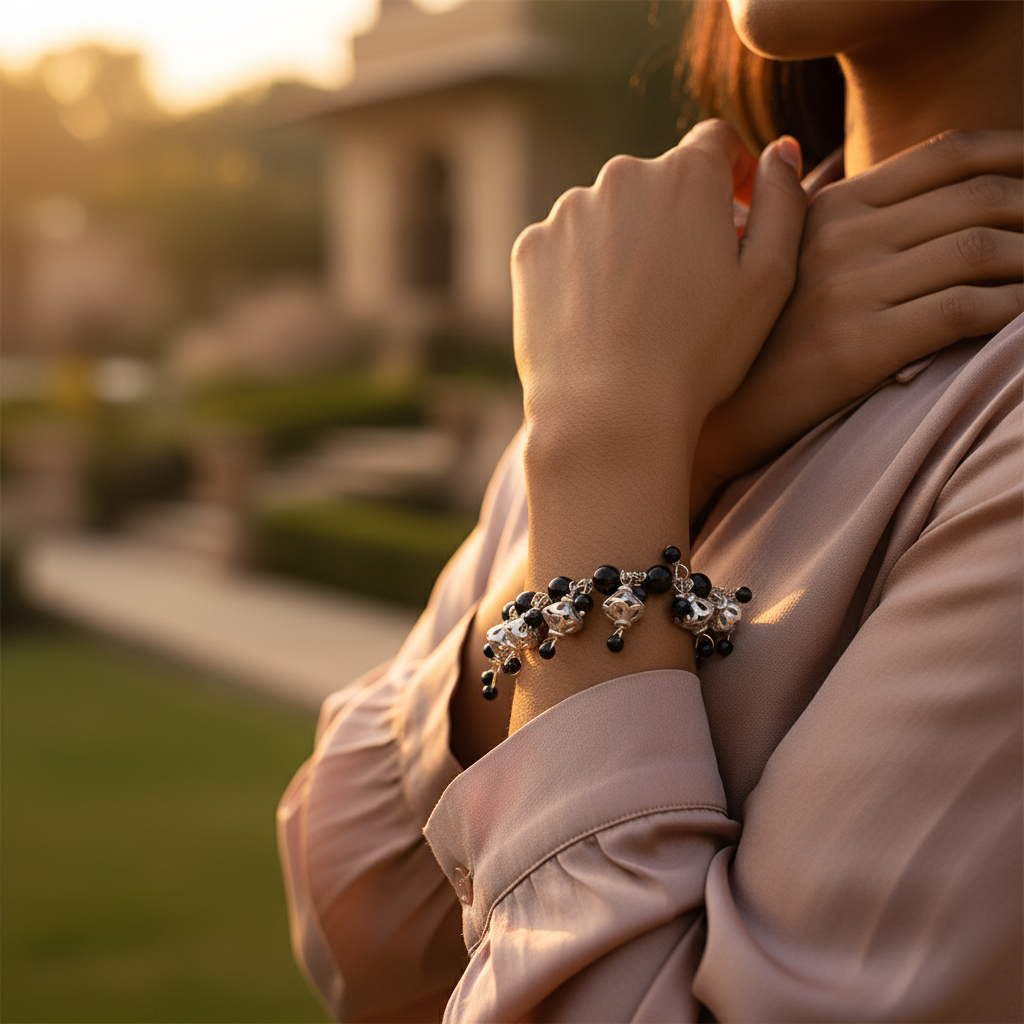 Silver Bead and Charm Bracelet | Black Onyx Gemstone | Women's Gift