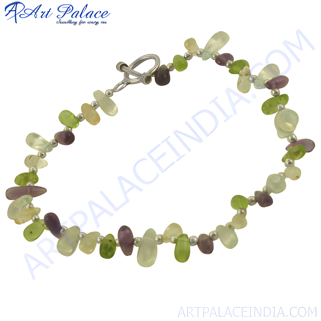 Sterling silver chain bracelet featuring colorful gemstone chips, perfect for women.