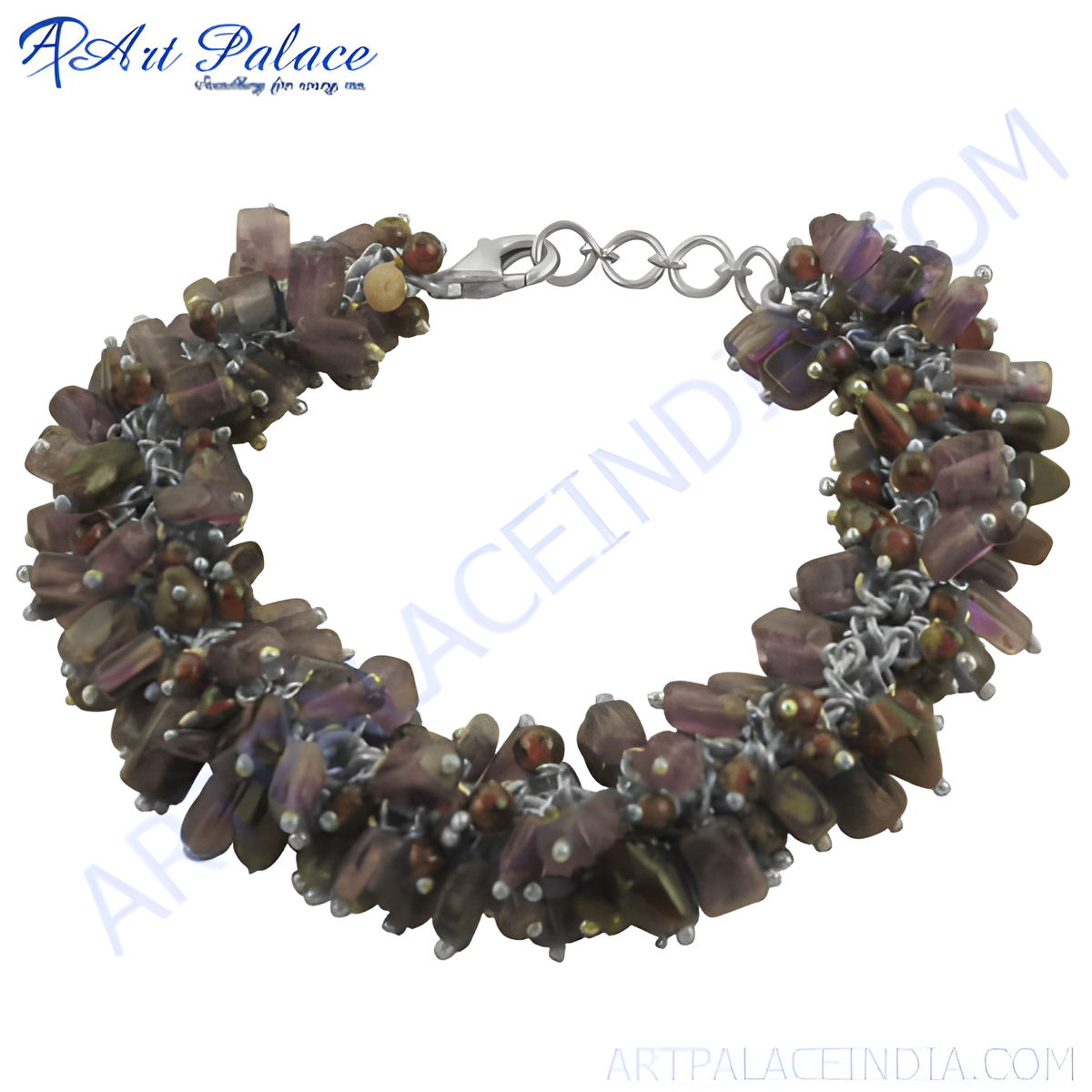 A close up of a beaded gemstone bracelet with a silver clasp, featuring brown and purple beads
