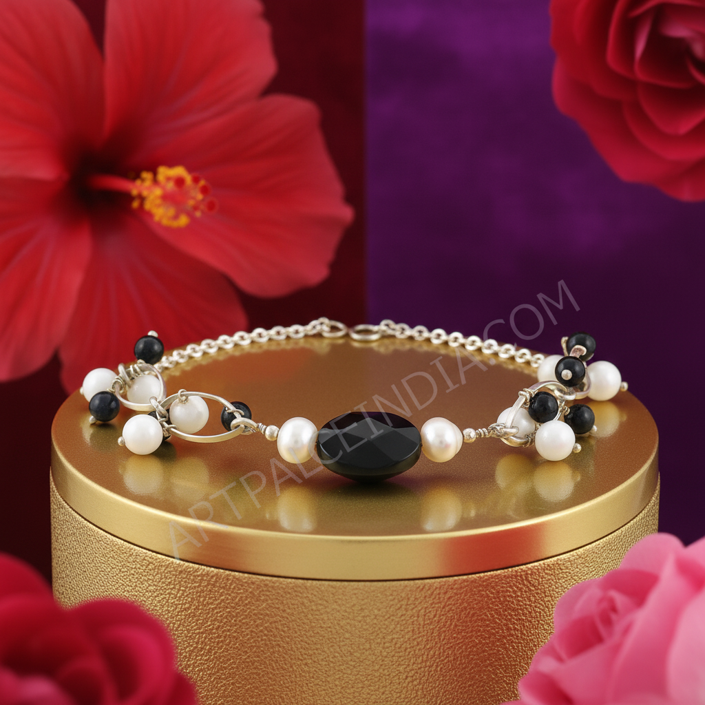 Silver Pearl & Onyx Bead Bracelet for Women | Gift Jewelry