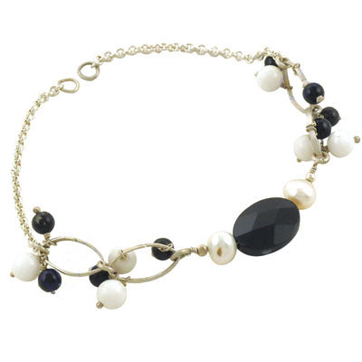 Silver Pearl & Onyx Bead Bracelet for Women | Gift Jewelry