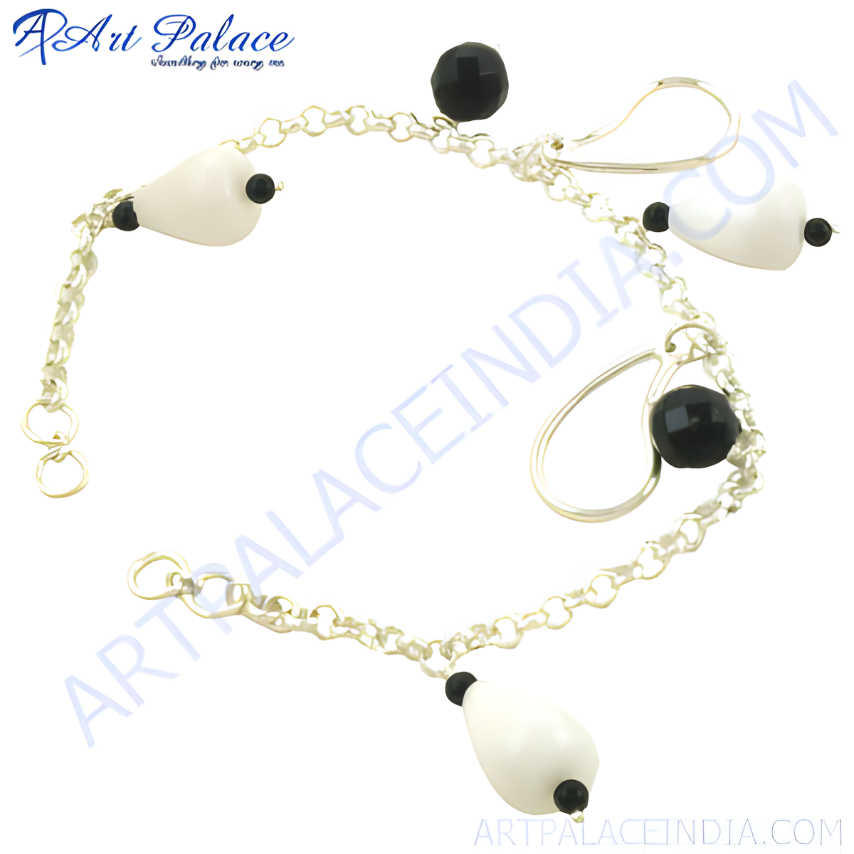 Silver chain bracelet with white teardrop and black bead accents, for women