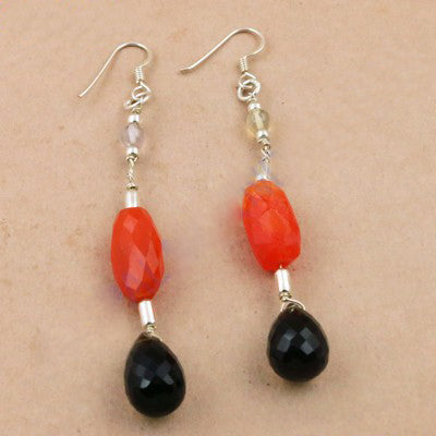 Silver Dangle Earrings with Red and Black Gemstones | Women's Jewelry