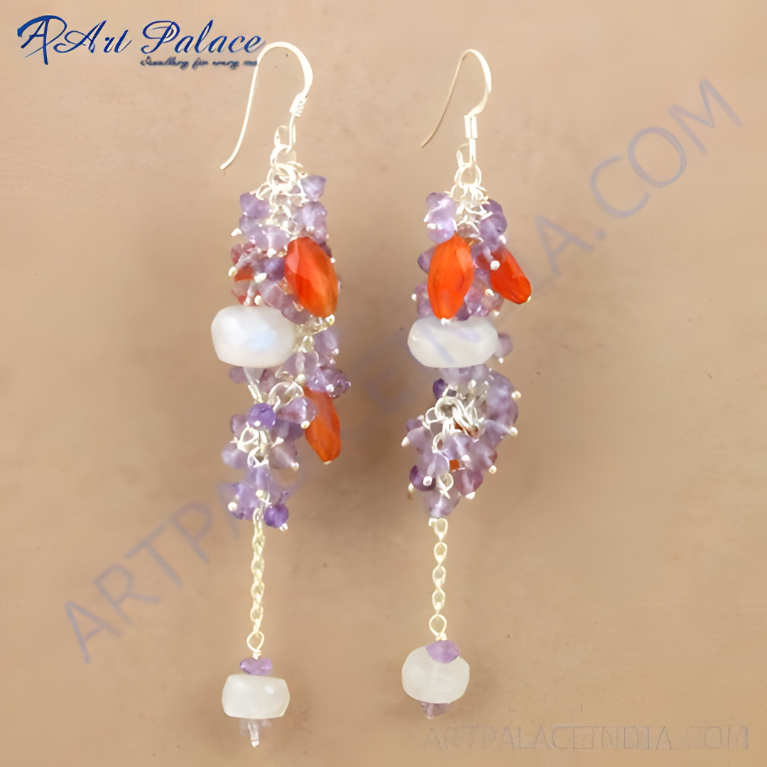 Silver gemstone drop earrings featuring amethyst, carnelian, and moonstone in a cluster design.