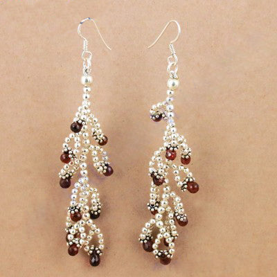 925 Silver Beaded Drop Earrings with Garnet Gemstones | Women's Jewelry