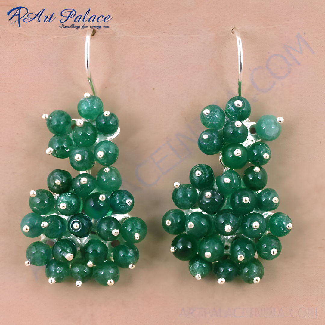 Silver dangle earrings with vibrant green jade beads, perfect for women.