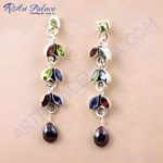 Load image into Gallery viewer, Sterling silver drop earrings featuring peridot, garnet and blue gemstones, perfect for any occasion.
