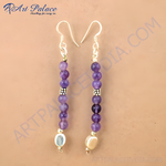 Load image into Gallery viewer, 925 sterling silver drop earrings with amethyst gemstones and silver detailing
