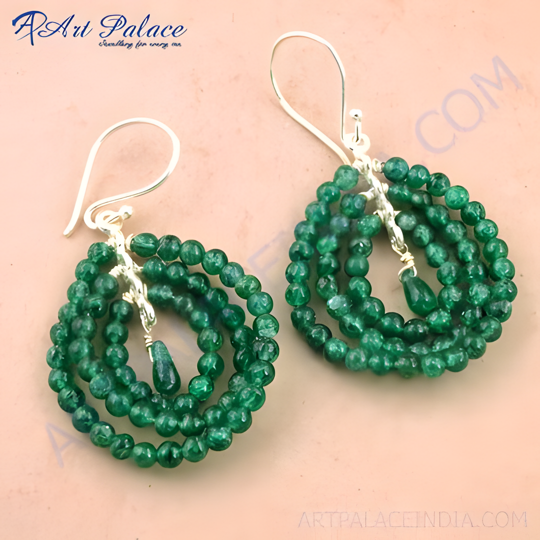 Emerald bead dangle drop earrings in sterling silver, featuring vibrant green gemstones.